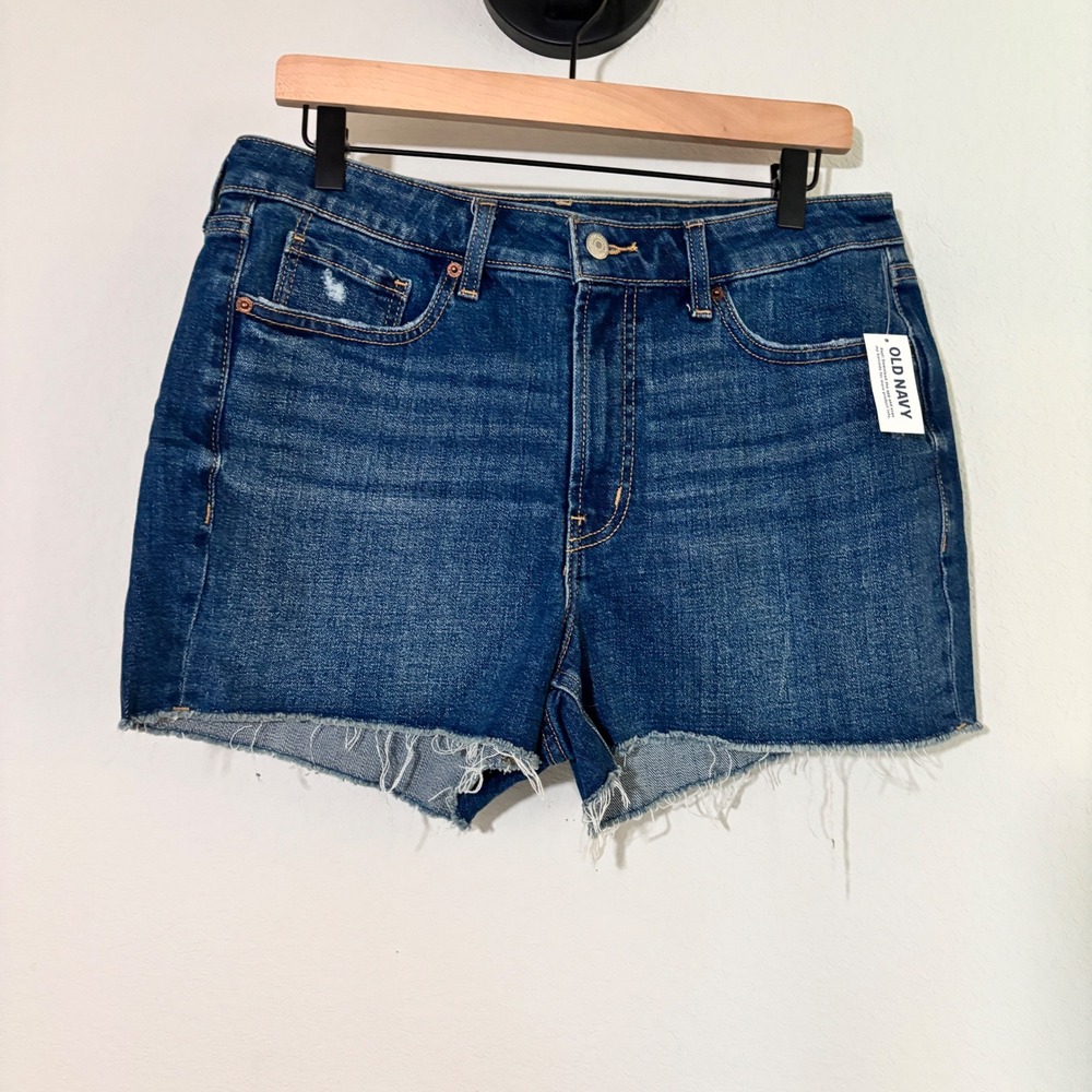 Old Navy Denim Shorts OG Straight 12 High Rise Raw Hem Dark Wash Distressed Boho